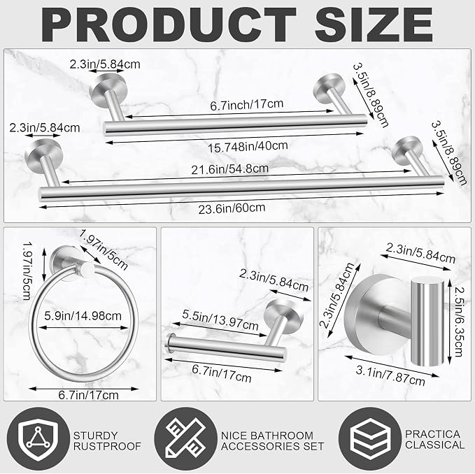Gisafai 35 Pcs Brushed Nickel Bathroom Accessories Hardware Set Silver Towel Racks for Bathroom SUS304 Stainless Steel 23.6 Inch Brushed Towel Bar Ring Toilet Paper Holder Robe Hooks Wall Mounted
