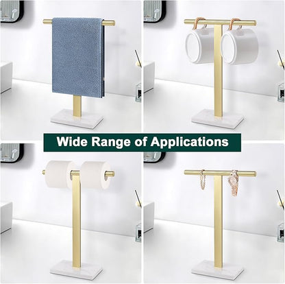 Hand Towel Holder, T-Shape Hand Towel Stand for Bathroom, Hand Towel Rack Bar Standing for Vanity Kitchen Countertop, 304 Stainless Steel, Marble Base (Gold)