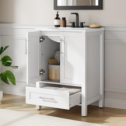 IDEALHOUSE 24 Freestanding Bathroom Vanity with Sink,Bathroom Cabinet | White Bathroom Vanity With Sink & Adjustable Foot, Storage Cabinet With Ceramic Basin, Soft-Close Door & Drawer, Mdf