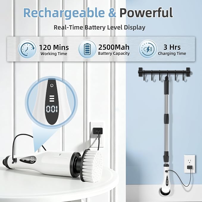 Electric Spin Scrubber, 3-Speed Flat End Brush with 8 Brush Heads & Base, IPX7 Waterproof, Adjustable Long Handle, Digital Display, 2500mAh Fast Charging, for Bathroom, Tub, Tile, Floor