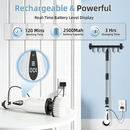 Electric Spin Scrubber, 3-Speed Flat End Brush with 8 Brush Heads & Base, IPX7 Waterproof, Adjustable Long Handle, Digital Display, 2500mAh Fast Charging, for Bathroom, Tub, Tile, Floor