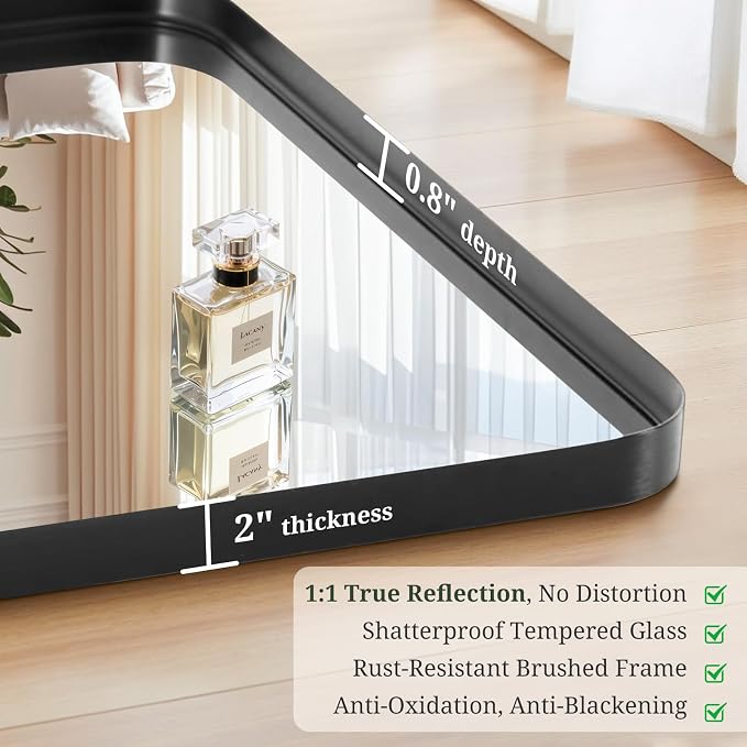 Bathroom Mirror 30x22 Inch Black Metal Frame Rectangle Vanity Mirror | Modern Wall Mounted Anti-Rust Mirror with Rounded Corners for Farmhouse, Restroom, Entryway, Horizontal or Vertical Hanging