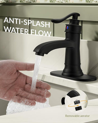 Matte Black Bathroom Faucet Brass Single Handle Bathroom Sink Faucets | Single Hole Farmhouse Faucet Vanity Lavatory RV with Overflow Pop Up Drain Mixer Tap Commcercial Rustic by BATHLAVISH