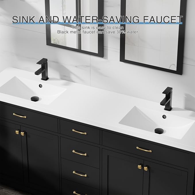 LUCKWIND 72" Modern Bathroom Vanity with Sink Combo, Contemporary Painted Storage Cabinet and Double White Sink, Include Soft-Closing Doors & Matte Black Faucet, Black