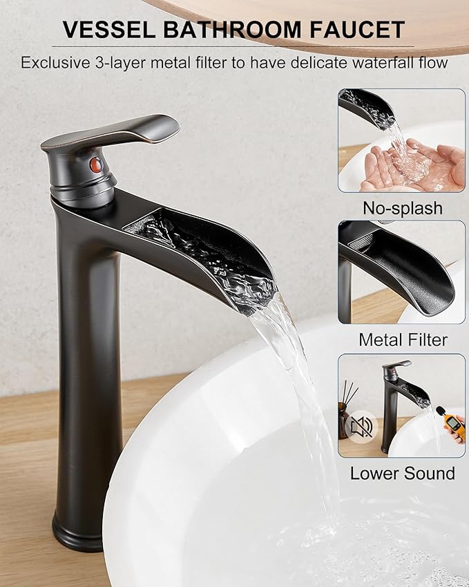 Vintage Oil Rubbed Bronze Waterfall Faucet for Bathroom Sink - Single Handle, 11 Inches Tall, 3-Layer Metal Filter, Anti-rust Brass Body, Easy Installation