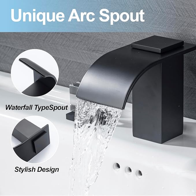 Matte Black Waterfall Bathroom Faucet 3 Hole Widespread Sink Faucet with Crystal Handles, Modern Bathroom Sink Faucet, 2 Handle Deck Mount Lavatory Faucet for Vanity Sink
