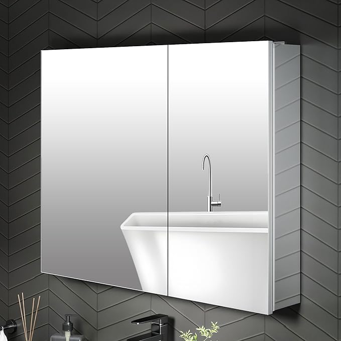 30 x 24 Medicine Cabinet Mirror for Bathroom,Aluminum Alloy Frame,Recessed/Surface Mounted,Mirrored Side Panel,Adjustable Shelves,Bathroom Medicine Cabinet with Mirror,Assembly Required