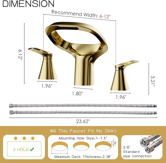 Gold Bathroom Faucet 3 Hole, 8 Inch Widespread Gold Faucets 2-Handle for Bathroom Vanity Sink with Adjustable Spout, with Supply Line, for 6 to 12 in Sink