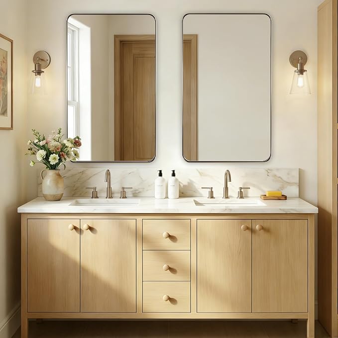 Brushed Champagne Bronze Mirrors for Bathroom Sink, 24x40 Inch Bathroom Vanity Mirror with Rectangular Metal Frame-Modern Clean Design with Superior Stainless Steel Frame