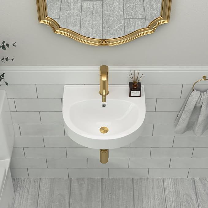 Wall Mount Bathroom Vessel Sink Space Saving | Beslend 16"x14" Inch White Ceramic Vessel Sink, Semi-Circular Bowl White Art Basin with Overflow and Single Hole