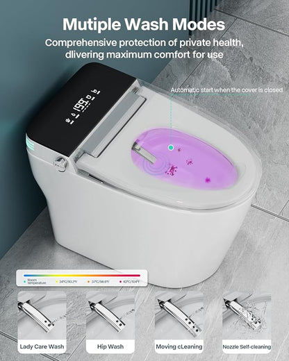 Smart Toilet with Bidet Built In, ADA Comfort Height, One Piece Elongated Toilet with Tank Built in, Pump, Auto Open Close Quiet Flush, Foam Shield, Voice Control Heated Seat,Instant Warm Water