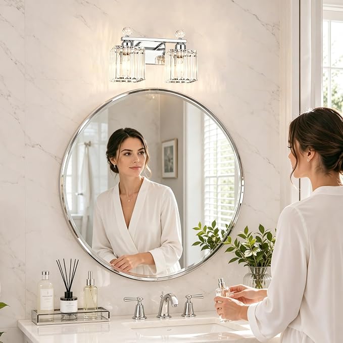 Lxybcce Modern 14In 2-Lights Bathroom Vanity Light, Crystal Bathroom Light Fixtures, Chrome Vanity Light Fixtures Over Mirror, Easy Installation & Shadow-Free Illumination for Bathroom Mirror Decor