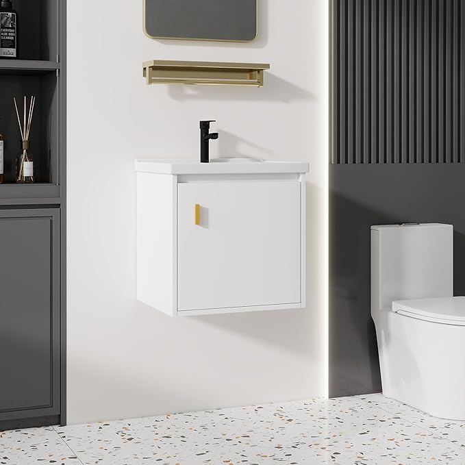 20'' Bathroom Vanity with Ceramic Sink Combo, Wall Mounted Small Bathroom Vanity with Soft-Close Door Modern Floating Cabinet, Pop-up Drain, P-Trap Included, White(No Faucet)