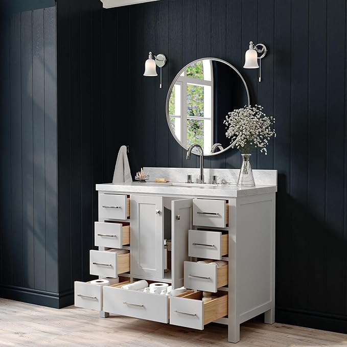 ARIEL Cambridge 42-inch Bathroom Vanity with Sink,Solid Wood, 1.5-inch Italian Carrara Marble Countertop, Single Rectangular Porcelain Sink, 2 Soft Closing Doors, 9 Dovetail Drawers, Grey