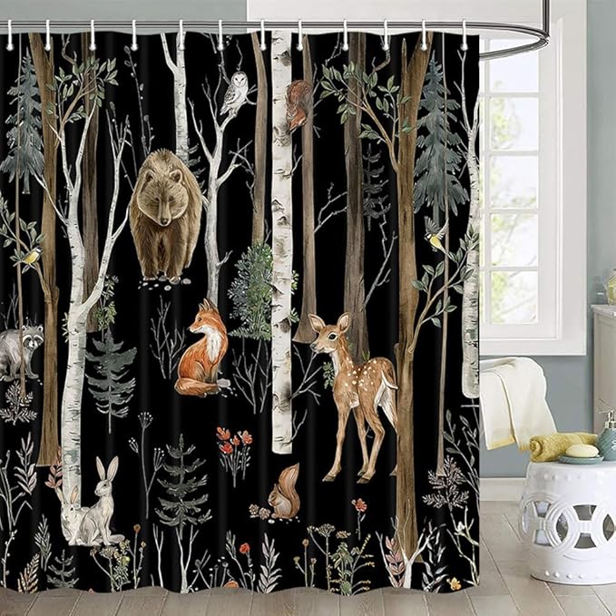 JAWO Rustic Forest Shower Curtains, Lodge Cabin Woodsy RV Shower Curtain, Wildlife Animals Woodland Campers Camping Bathroom Set with Hooks, 72X75 Inch, Black