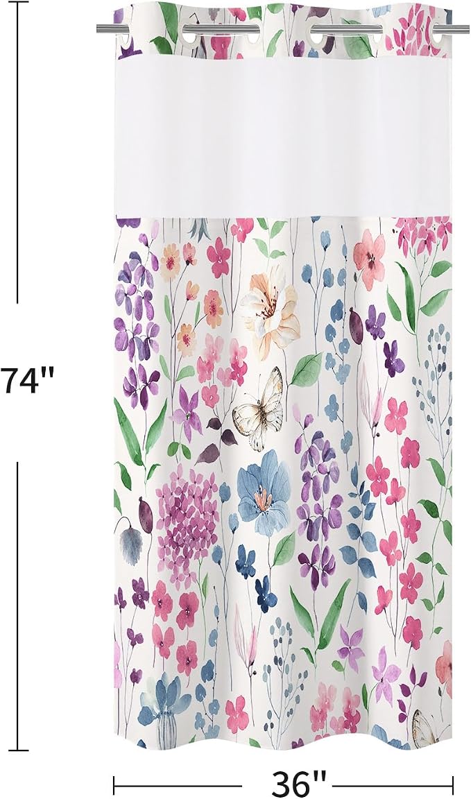 No Hook Colorful Watercolor Floral Shower Curtain and Liner Set, 36x74 | Spring Flower Shower Curtains with Snap-in Liner for Farmhouse Bathroom Decor, Botanical Bathroom Curtain with Leaves