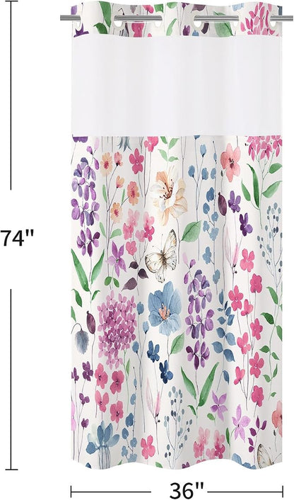 No Hook Colorful Watercolor Floral Shower Curtain and Liner Set, 36x74 | Spring Flower Shower Curtains with Snap-in Liner for Farmhouse Bathroom Decor, Botanical Bathroom Curtain with Leaves