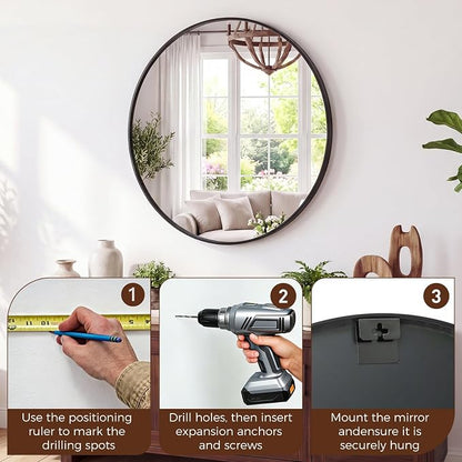 Sweetcrispy 20 Inch Round Wall Mirror, Bathroom Mirrors for Over Sink | Matte Metal Framed, Wall Decor for Bedroom, Entryway, Anti-Rust, Tempered Glass, Hanging or Leaning, Black