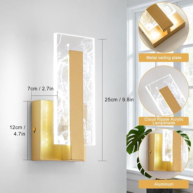 Modern LED Wall Sconces Set of 2, Hardwired Acrylic Wall Light Lighting, Gold Indoor Lighting Fixture Lamps, 6000K Cool White Wall Mount Lamps for Bedroom Corridor Stairs Bathroom