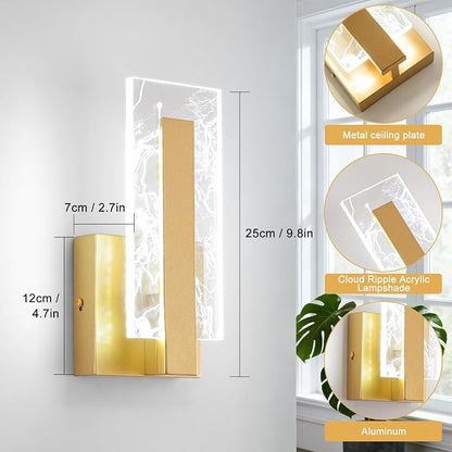 Modern LED Wall Sconces Set of 2, Hardwired Acrylic Wall Light Lighting, Gold Indoor Lighting Fixture Lamps, 6000K Cool White Wall Mount Lamps for Bedroom Corridor Stairs Bathroom