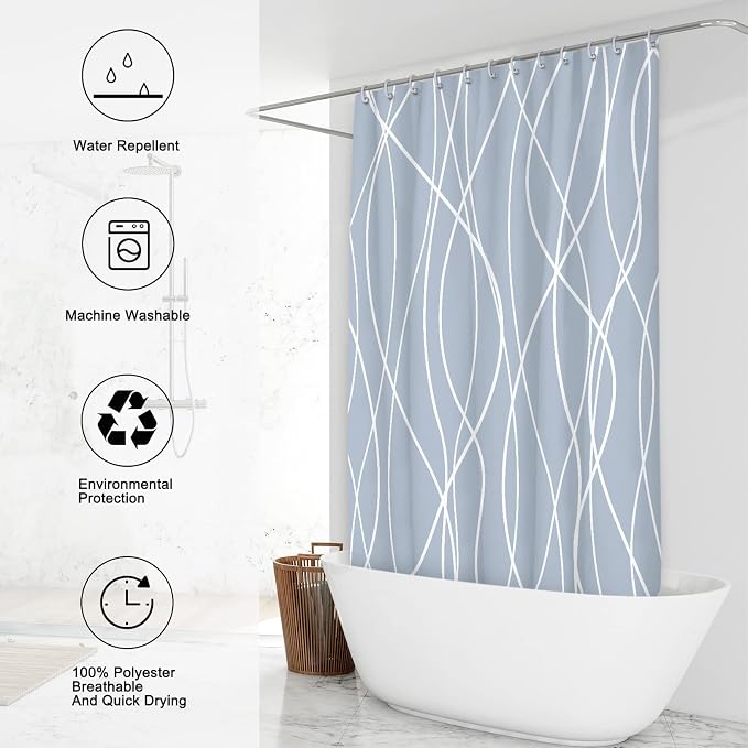 Striped Shower Curtain for Bathroom, Light Blue, 72" W x 72" L | with Hooks, Modern Hotel Style, Water Repellent, Washable, Weighted Hem