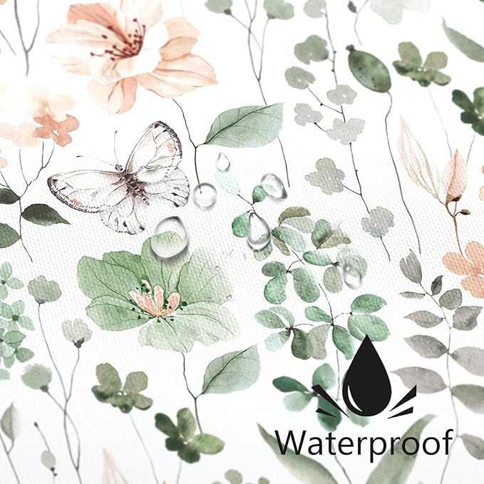 Cute Floral Shower Curtain, Sage Green Flower Fabric Shower Curtains for Bathroom, Spring Summer Wildflower Butterfly Cloth Shower Curtain Set with Hooks, 72x72
