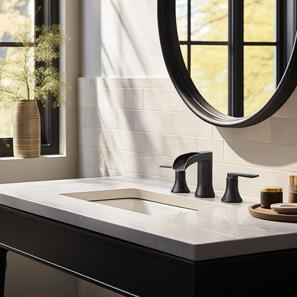 Black Bathroom Faucet 3 Hole, Brass Bathroom Waterfall Faucet 2 Handle, 4-16 Inch Widespread Bathroom Sink Faucets, Restroom Sink Faucet for Vanity with Supply Hoses, NO Equipped Pop-up Drain