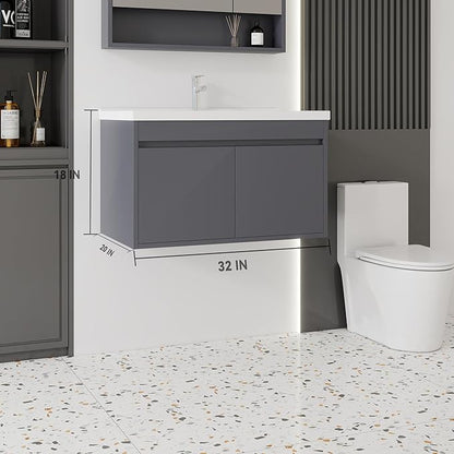 32'' Bathroom Vanity with Ceramic Sink Combo, Wall Mounted Small Bathroom Vanity with Soft-Close Door Modern Floating Cabinet, Pop-up Drain, P-Trap Included, Gray(No Faucet)
