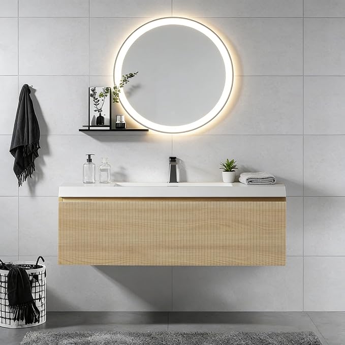 36'' Floating Bathroom Vanity with Sink, Wall-Mounted Bathroom Storage Cabinet with Soft-Close Striped Drawer & Solid Surface Basin, Modern Natural Oak Body with Internal Handle, Wood