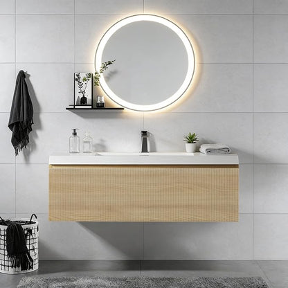 36'' Floating Bathroom Vanity with Sink, Wall-Mounted Bathroom Storage Cabinet with Soft-Close Striped Drawer & Solid Surface Basin, Modern Natural Oak Body with Internal Handle, Wood