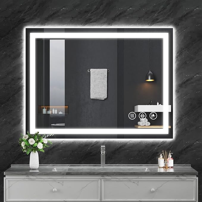 Koonmi 48x30 LED Bathroom Mirror with Light, Anti-Fog, 3 Colors | Backlit + Front Lit, Dimmable Brightness, Shatterproof HD Distortion-Free Tempered Glass, Hardware Included