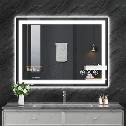 Koonmi 48x30 LED Bathroom Mirror with Light, Anti-Fog, 3 Colors | Backlit + Front Lit, Dimmable Brightness, Shatterproof HD Distortion-Free Tempered Glass, Hardware Included