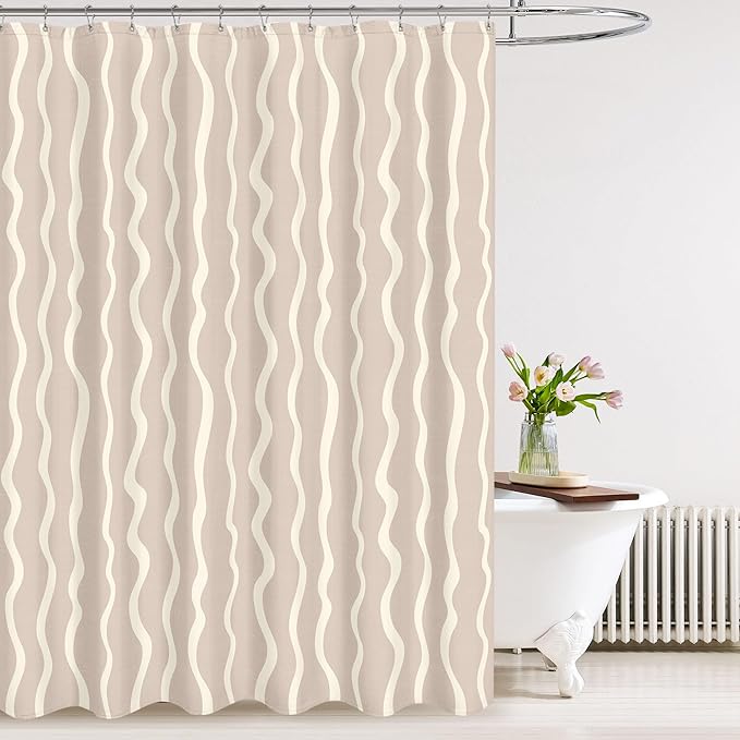 Tititex Cute Curvy Wavy Lines 140gsm Faux Linen Fabric Shower Curtain, Elegant Beige Cream Wave Striped Shower Curtain Sets Decoration 72x72 Inch with Hooks