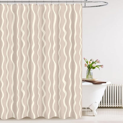 Tititex Cute Curvy Wavy Lines 140gsm Faux Linen Fabric Shower Curtain, Elegant Beige Cream Wave Striped Shower Curtain Sets Decoration 72x72 Inch with Hooks