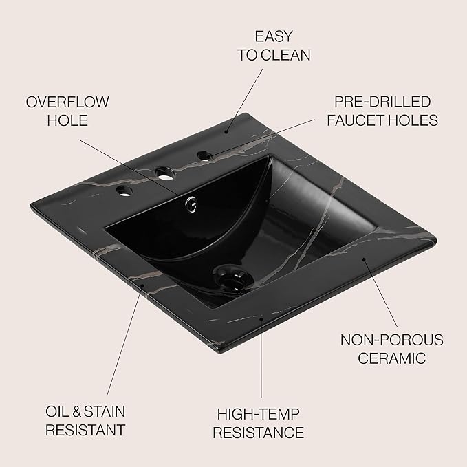 JONATHAN Y SNK1000D Ancillary 3-Hole 20 in. W x 18.25 in. D Classic Contemporary Rectangular Ceramic Single Sink Basin Vanity Top, Black Marble Effect