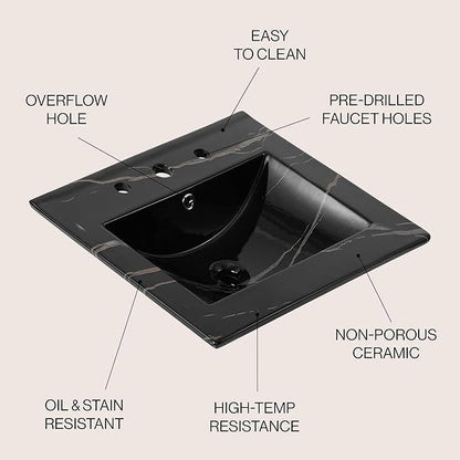 JONATHAN Y SNK1000D Ancillary 3-Hole 20 in. W x 18.25 in. D Classic Contemporary Rectangular Ceramic Single Sink Basin Vanity Top, Black Marble Effect