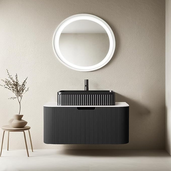30'' Floating Bathroom Vanity with Sink, Natural Solid Wood Modern Bathroom Vanities with Rectangular Ceramic Basin and Marble Top, Soft-Close Drawer, Pre-Assembled, Black