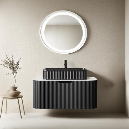30'' Floating Bathroom Vanity with Sink, Natural Solid Wood Modern Bathroom Vanities with Rectangular Ceramic Basin and Marble Top, Soft-Close Drawer, Pre-Assembled, Black