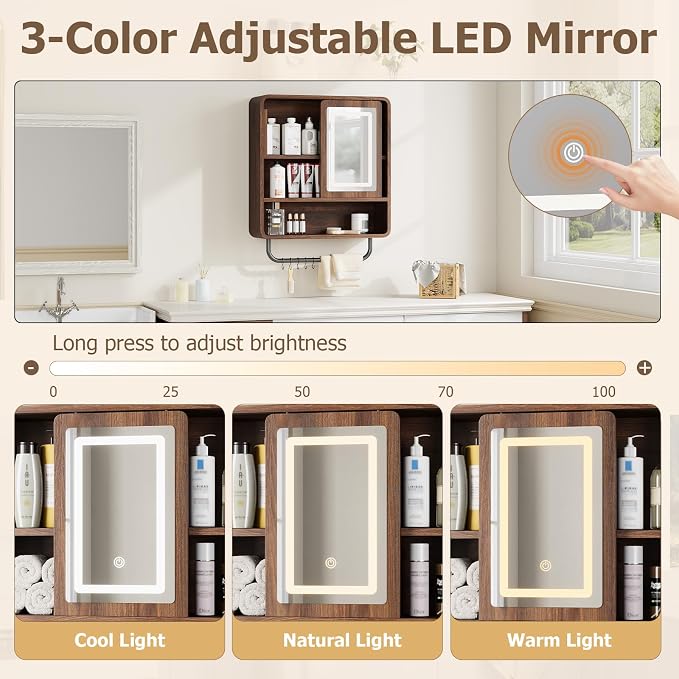 Modern Bathroom Wall Cabinet, Medicine Cabinets with Mirror, Over The Toilet Storage Cabinet for Bathroom, Towel Bar, Sliding Door, 3 Lighting Modes, Adjustable Brightness, Dark Walnut