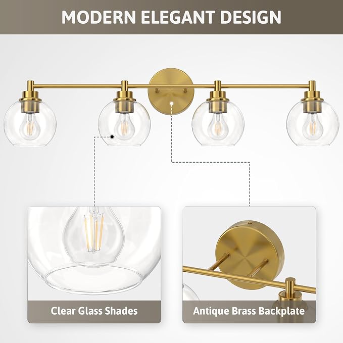 VONLUCE 4 Light Bathroom Vanity Light Fixtures, Gold Finish | Globe Glass Shades, E26 Sockets, Easy to install, Vanity Lights for Bedroom Hallway Living Room