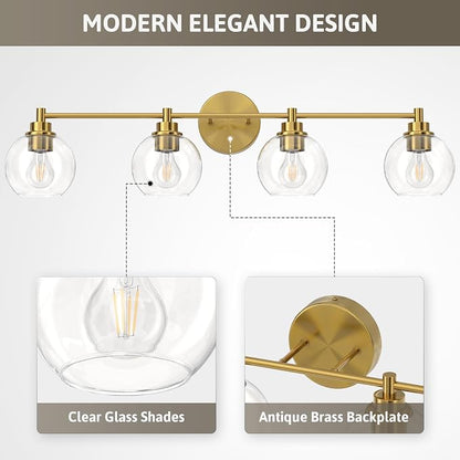 VONLUCE 4 Light Bathroom Vanity Light Fixtures, Gold Finish | Globe Glass Shades, E26 Sockets, Easy to install, Vanity Lights for Bedroom Hallway Living Room
