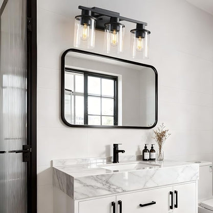 LOUSACE 3-Light Bathroom Light Fixtures, 17.3" Black Modern Vanity Lights with Clear Glass Shade, Bathroom Wall Lamp for Mirror Living Room Hallway Cabinet Porch, E26 Base