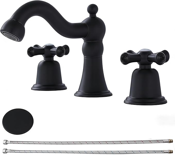 RKF Bathroom Faucets for Sink 3 Hole Black 8 inch Widespread Bathroom Sink Faucet with Drain 2 Handles Cross Knobs Faucet Bathroom Vanity Basin Mixer Tap CWF033-MB