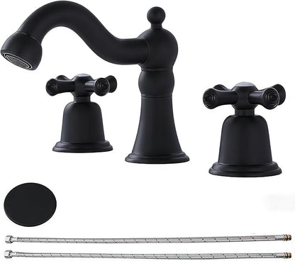RKF Bathroom Faucets for Sink 3 Hole Black 8 inch Widespread Bathroom Sink Faucet with Drain 2 Handles Cross Knobs Faucet Bathroom Vanity Basin Mixer Tap CWF033-MB