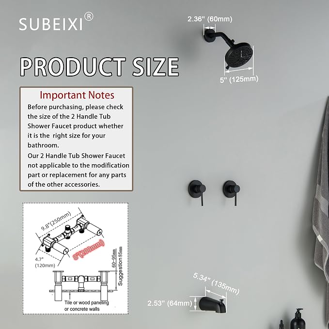 2 Handle Shower Faucet Set with Tub Spout Matte Black Two Handles Shower Faucet Set Bathtub Shower Faucet Combo, Wall Mount