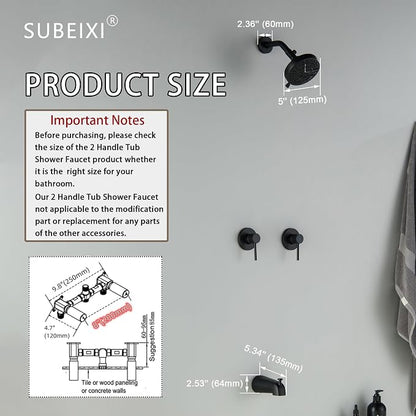 2 Handle Shower Faucet Set with Tub Spout Matte Black Two Handles Shower Faucet Set Bathtub Shower Faucet Combo, Wall Mount