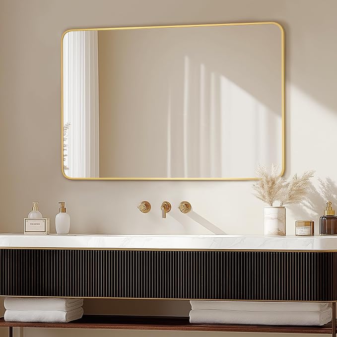 Bathroom Vanity Mirror, Gold Framed Mirror for Over Sink, 36x24 | HD glass, distortion-free for makeup and grooming, Sturdy frame, all mounting hardware, hangs horizontal or vertical