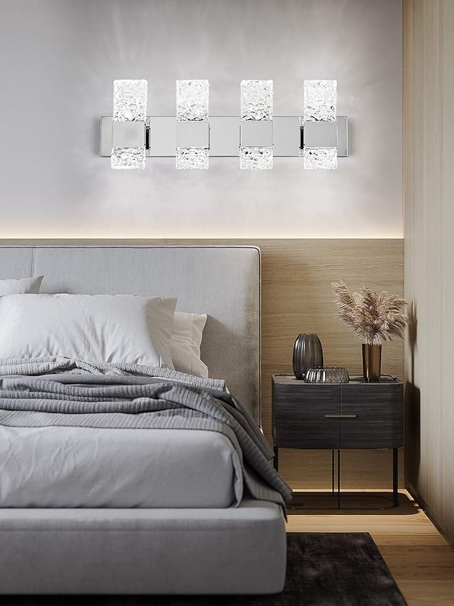 Modern LED Bathroom Vanity Light Fixtures Chrome Stainless Steel 4 Light Wall Sconces for Bathroom Lighting Fuxture Over Mirror 28 Inch 40w LED Crystal Wall Light Cool White 5800K