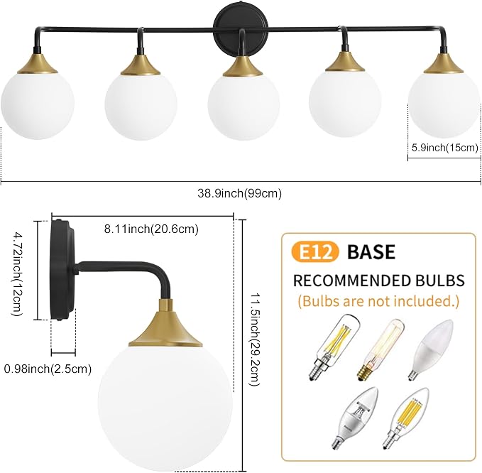 Black Gold Bathroom Light Fixtures Over Mirror Vanity 5-Light | Mid Century Modern Matte Black Gold Wall Sconce with Milky White Glass Ball Shades for for Bathroom Dressing Table Bedroom