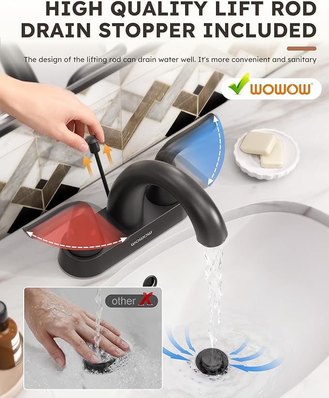 WOWOW Black Bathroom Faucet 2 Handle Bathroom Sink Faucet 4 inch Centerset Bathroom Faucets 3 Holes Lavatory Faucet with Lift Rod Drain Stopper Vanity Faucet Lead-Free Basin Mixer Tap Matte Black